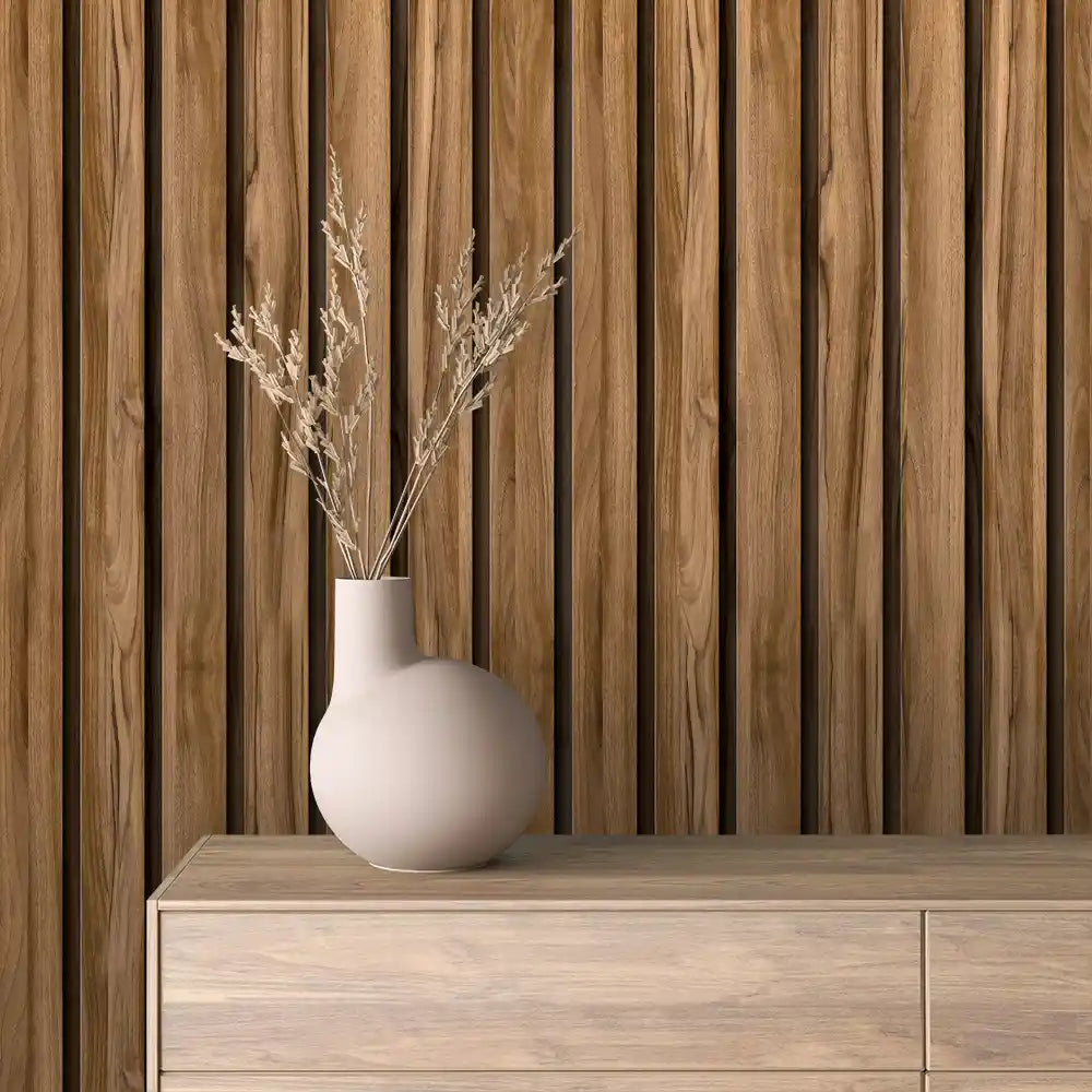 Papier Peint Lattes de Bois Naturel Effet Mur 3D Moderne