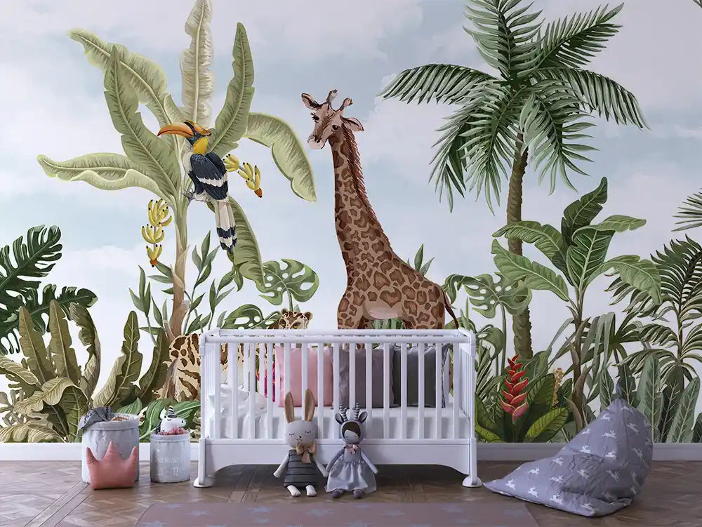 Papier Peint Panoramique Bébé Jungle Univers Doux
