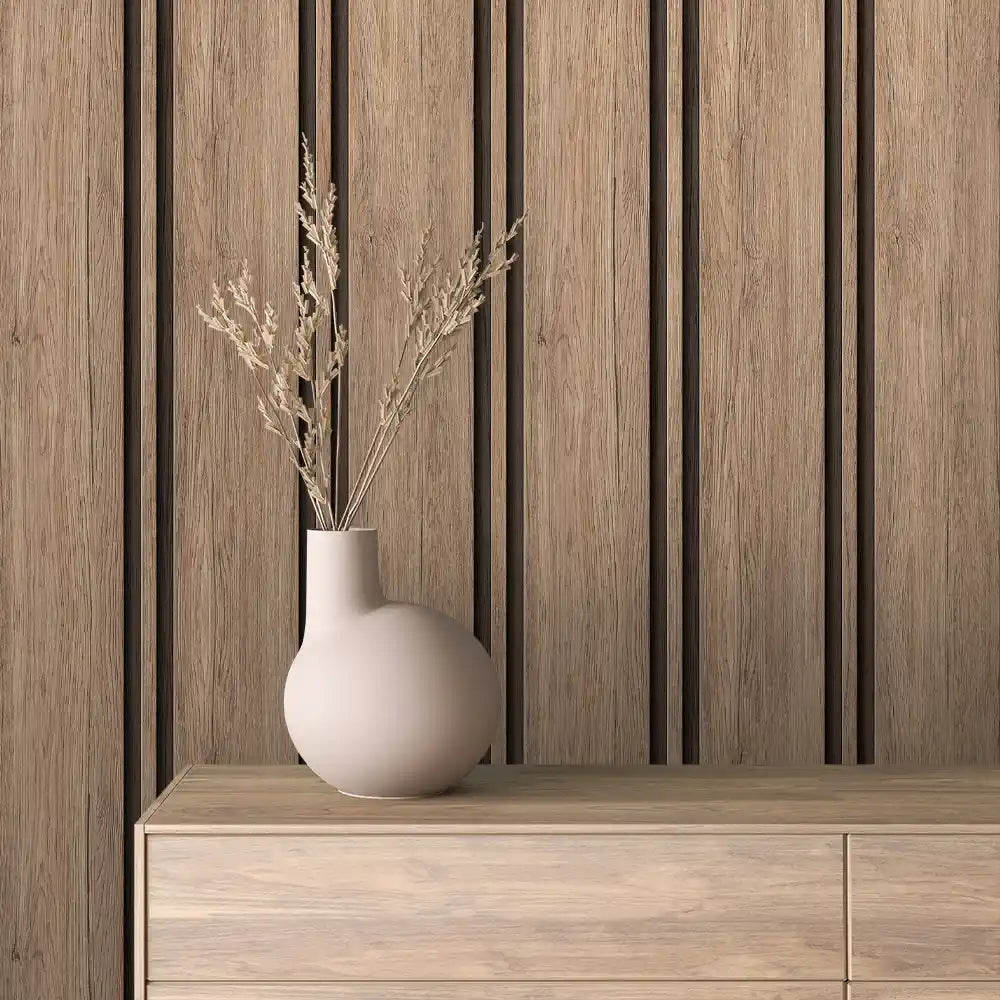 Papier Peint Lattes de Bois Naturel Effet Mur 3D Moderne