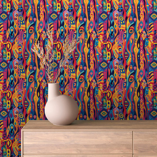 Papier Peint Abstrait Rétro Multicolore Artistique