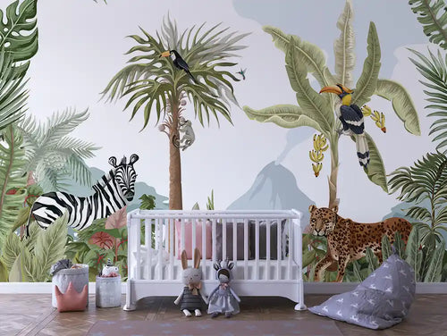 Papier Peint Panoramique Bébé Jungle Univers Doux