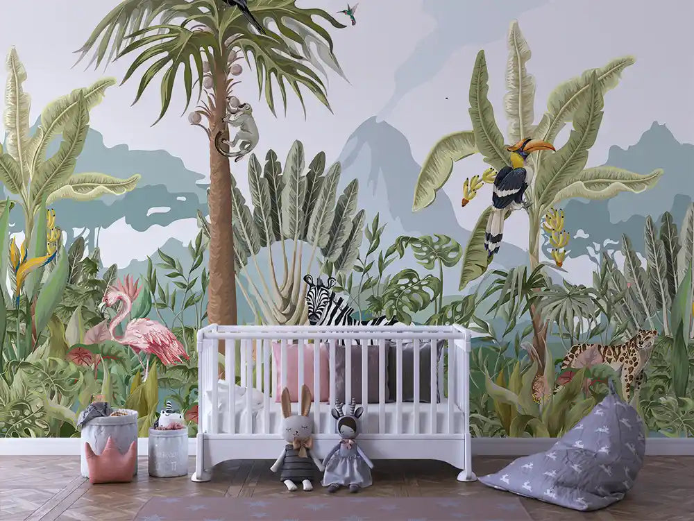 Papier Peint Panoramique Bébé Jungle Univers Doux