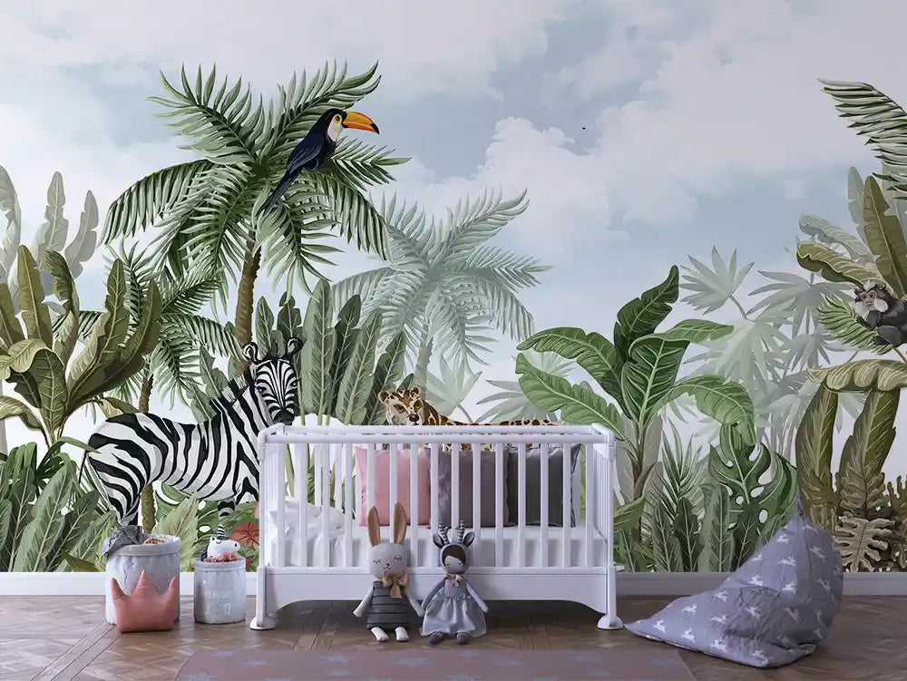 Papier Peint Panoramique Bébé Jungle Univers Doux