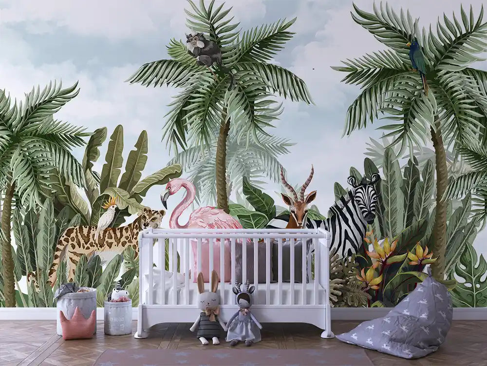 Papier Peint Panoramique Bébé Jungle Univers Doux