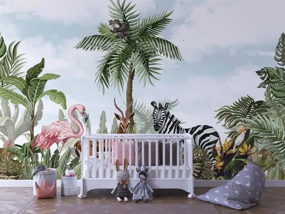 Papier Peint Panoramique Bébé Jungle Univers Doux
