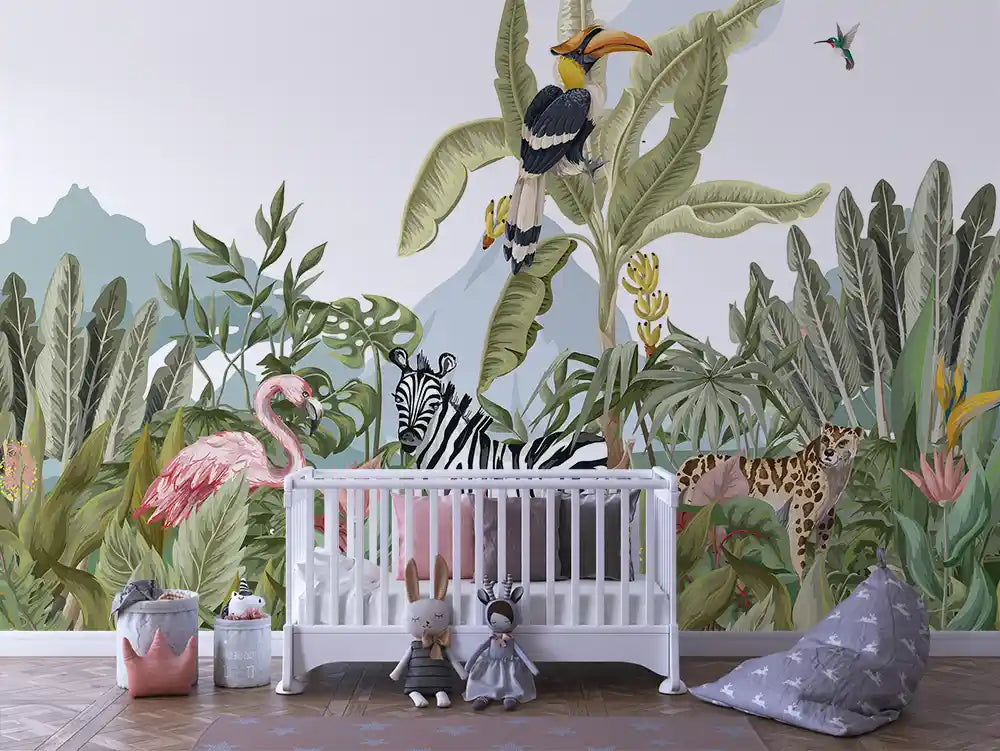 Papier Peint Panoramique Bébé Jungle Univers Doux