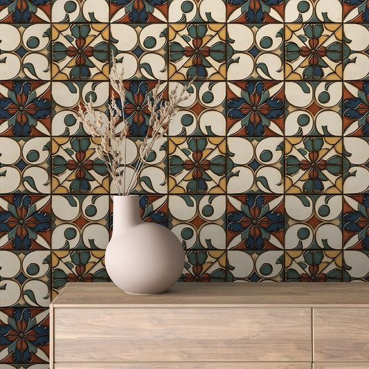 Papier Peint Motif Carreaux Vintage Style Méditerranéen Élégant