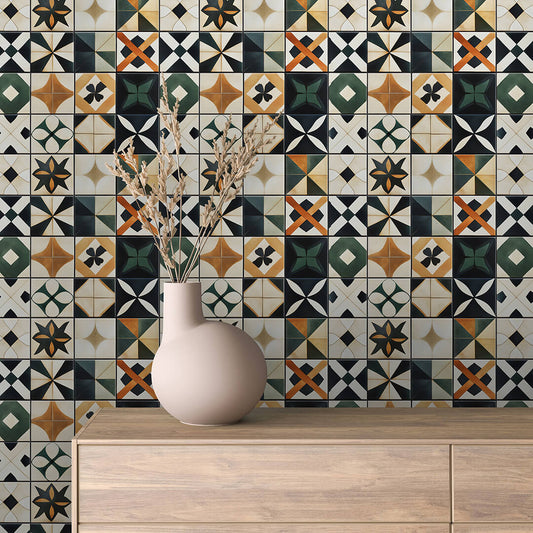 Papier Peint Motif Carreaux Vintage Style Méditerranéen Élégant