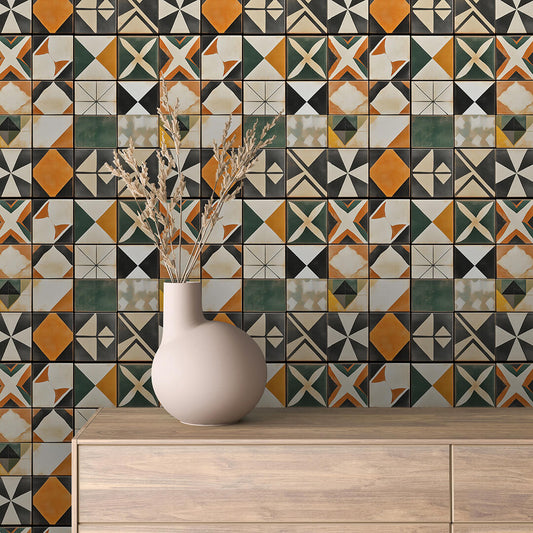 Papier Peint Motif Carreaux Vintage Style Méditerranéen Élégant