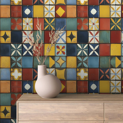 Papier Peint Motif Carreaux Vintage Style Méditerranéen Élégant