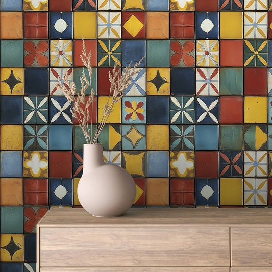 Papier Peint Motif Carreaux Vintage Style Méditerranéen Élégant